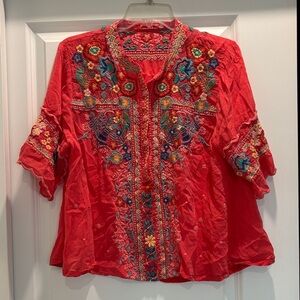 Johnny Was Red Embroidered Blouse